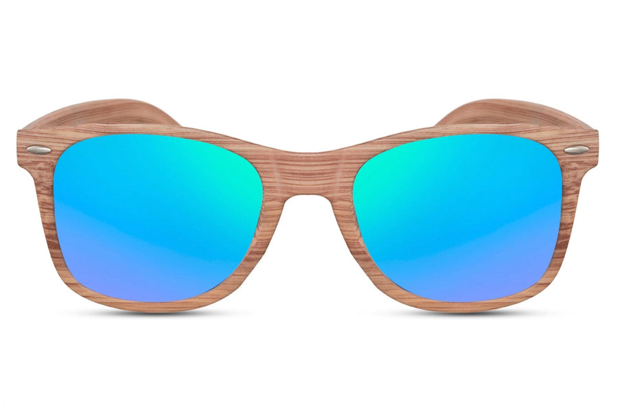 Träfärgade klassiska solglasögon med blågröna spegelglas #1473