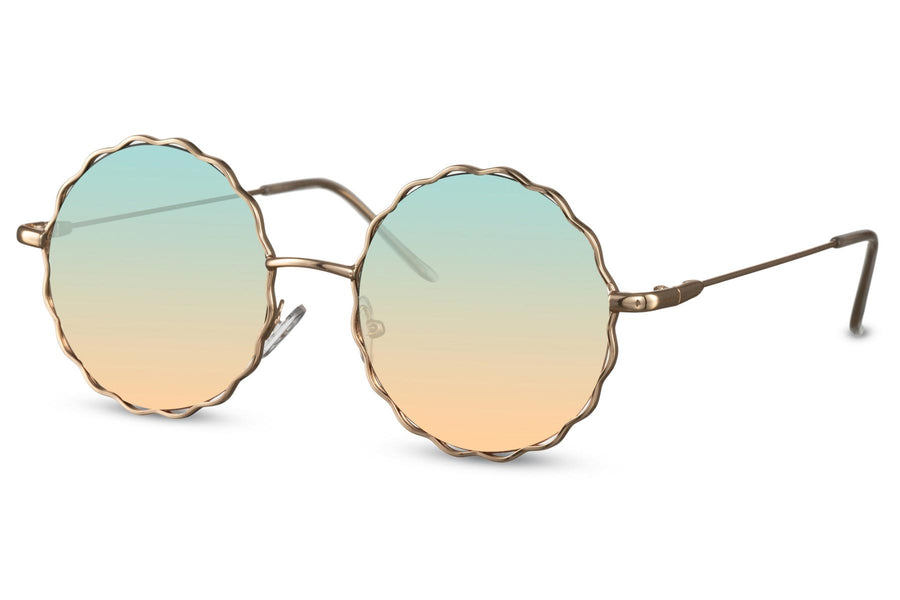 Runda vågiga solglasögon i guldig metall med gradienta glas