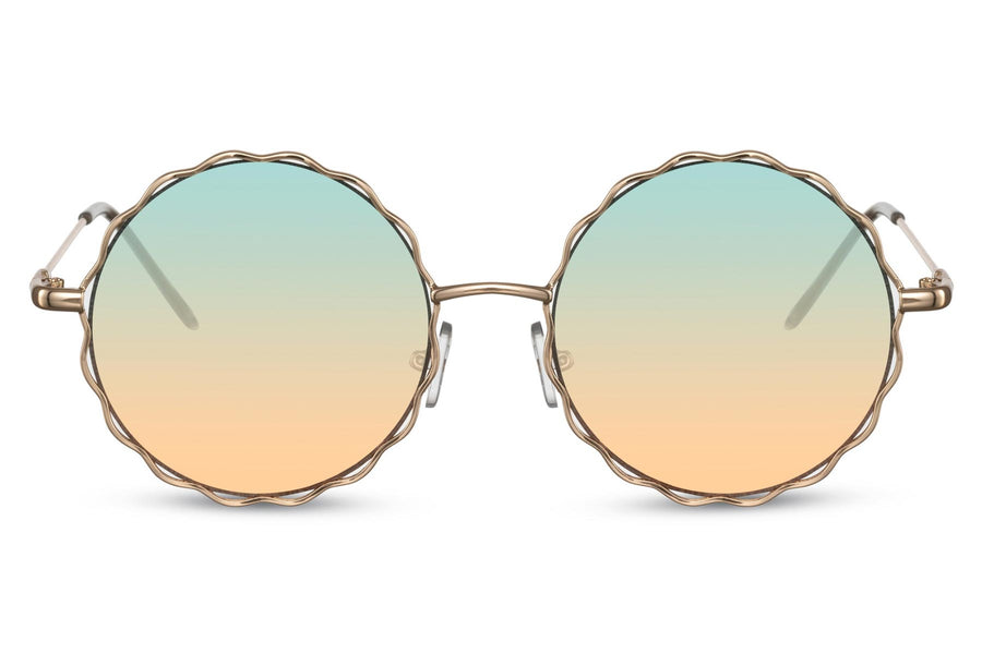 Runda vågiga solglasögon i guldig metall med gradienta glas