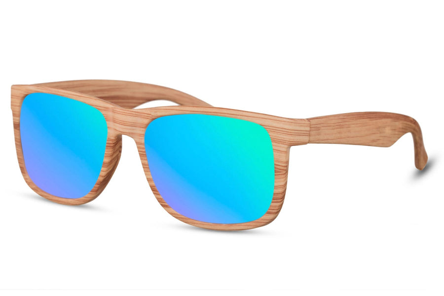 Träfärgade klassiska solglasögon med blågröna spegelglas #2474