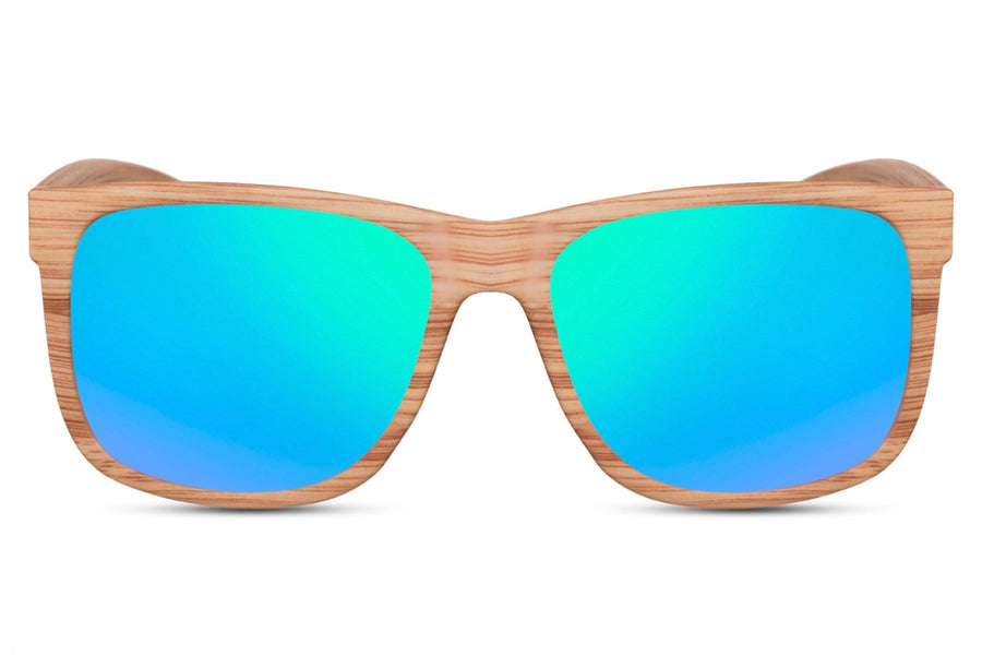 Träfärgade klassiska solglasögon med blågröna spegelglas #2474
