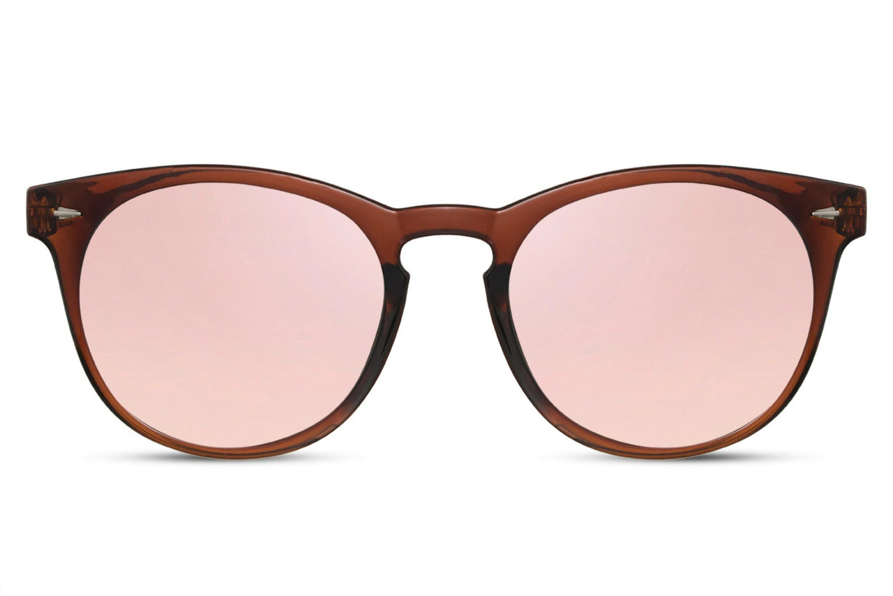 Rundade solglasögon i brunt med rosa spegelglas