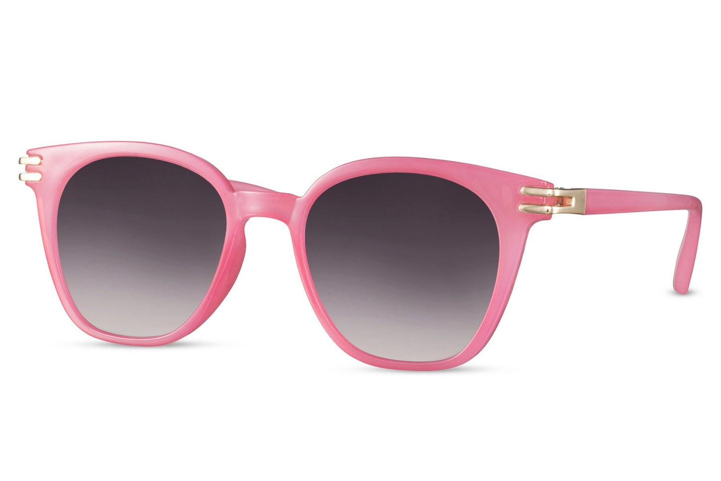 Cateye solglasögon i rosa med gulddetaljer och svarta glas