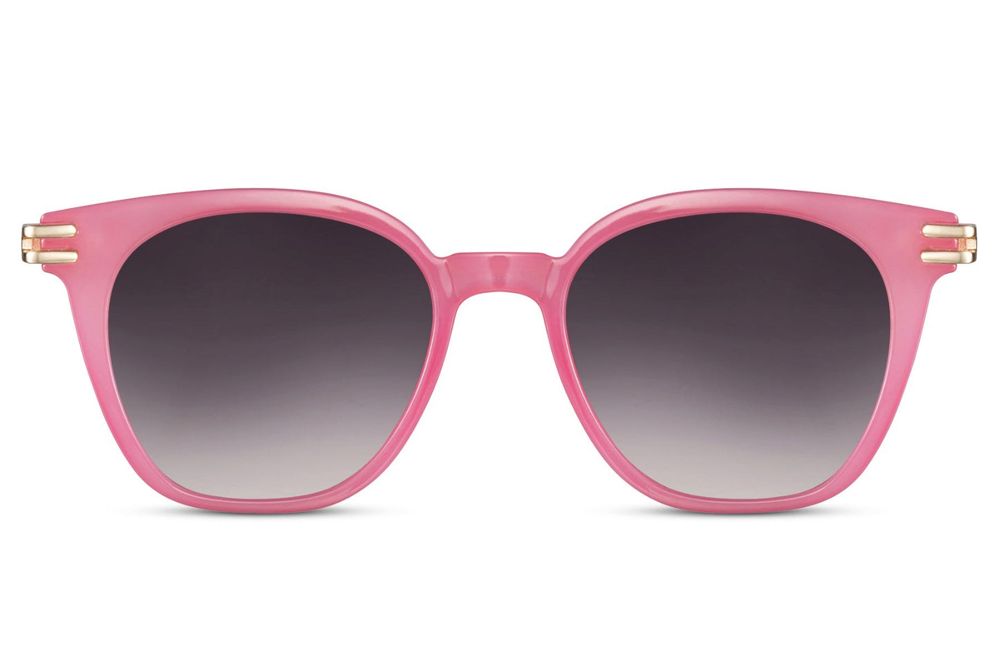 Cateye solglasögon i rosa med gulddetaljer och svarta glas
