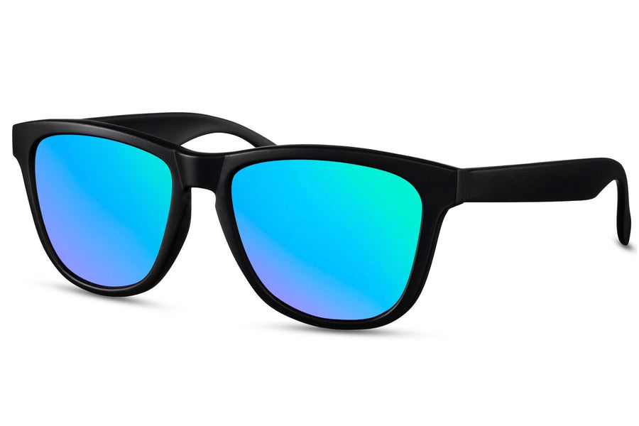 Klassiska solglasögon i svart med blå spegelglas #6314