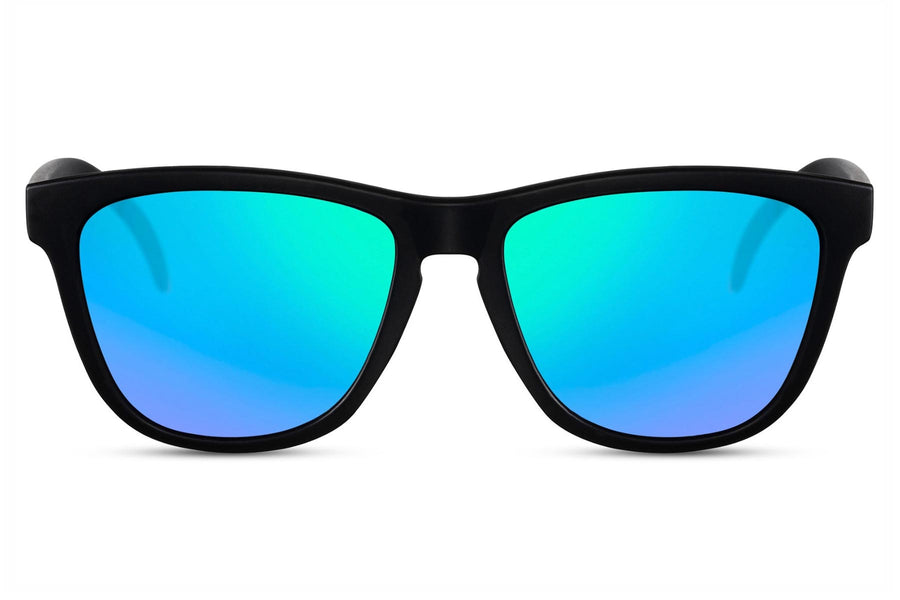 Klassiska solglasögon i svart med blå spegelglas #6314