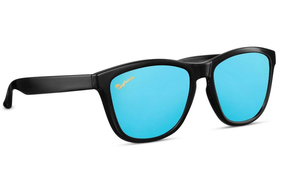 Klassiska svarta solglasögon i TR90 med blå spegelglas + vikbart case Durella3