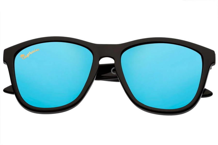 Klassiska svarta solglasögon i TR90 med blå spegelglas + vikbart case Durella3