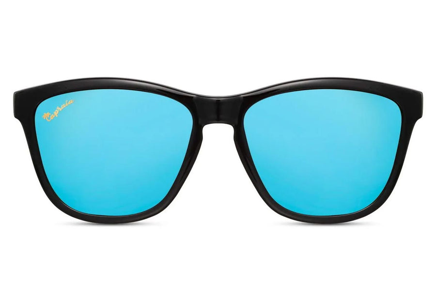 Klassiska svarta solglasögon i TR90 med blå spegelglas + vikbart case Durella3