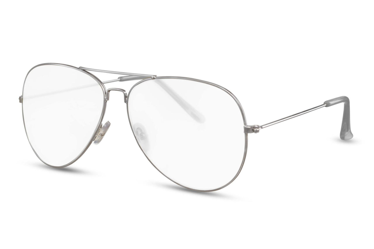 Pilotglasögon i silvrig metall med transparenta glas