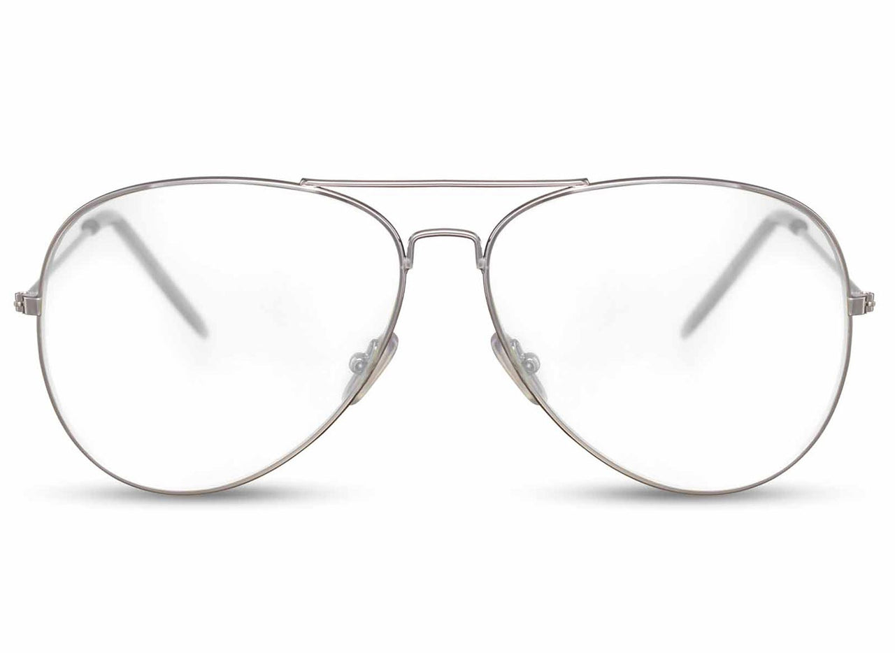 Pilotglasögon i silvrig metall med transparenta glas