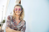 Thumbnail for Pilotglasögon i silvrig metall med rosablå glas