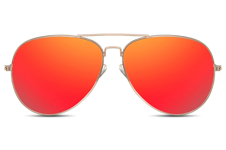 Pilotglasögon i guldig metall med röda spegelglas