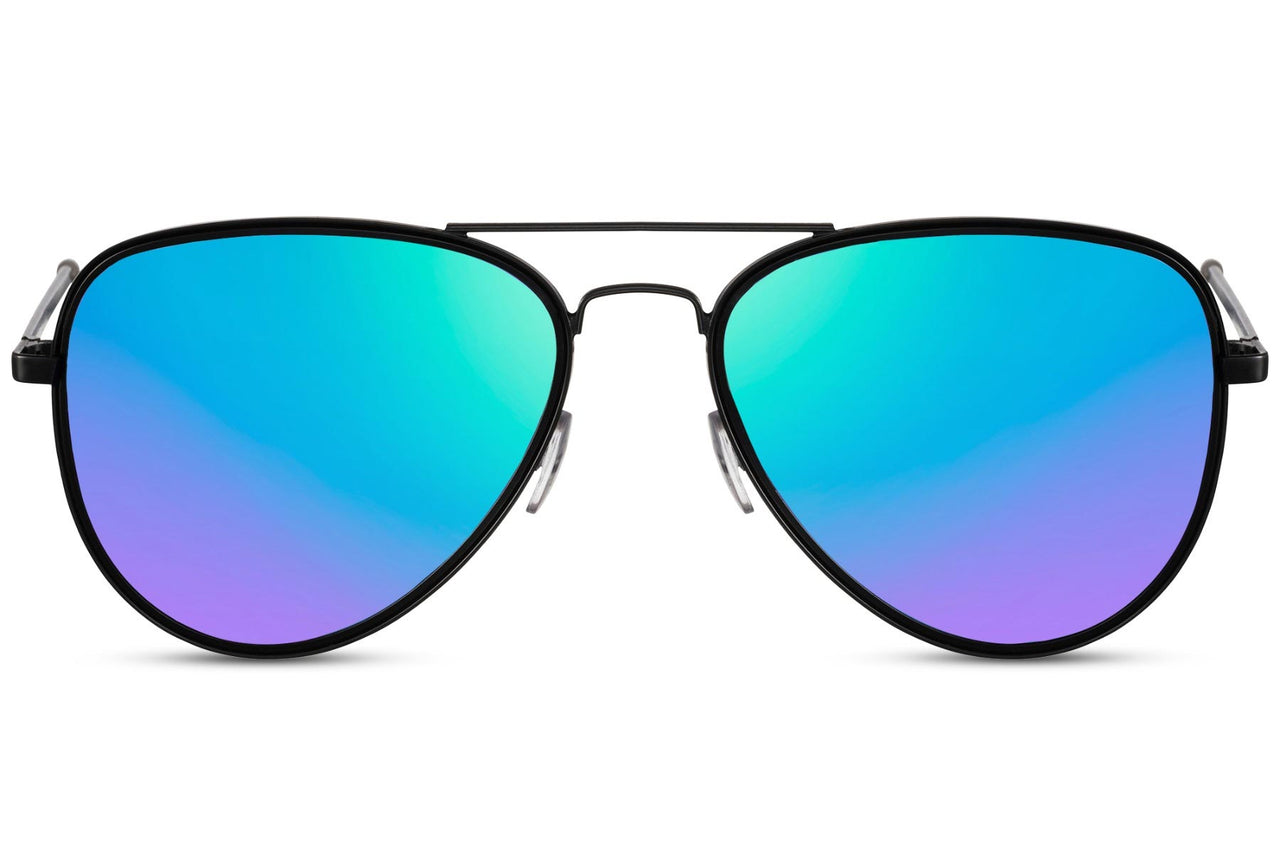 Aviator solglasögon i mattsvart metall med grönlila spegelglas