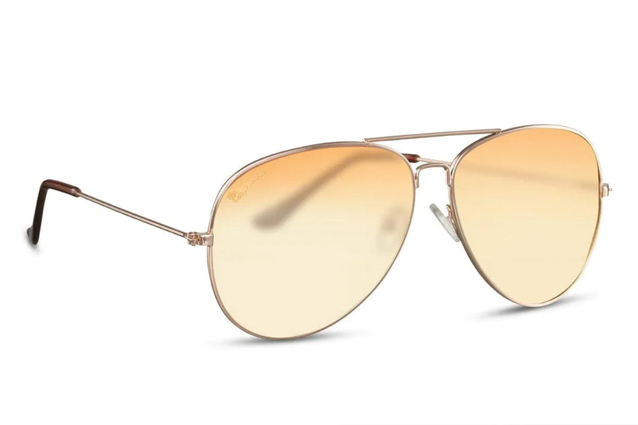 Pilotglasögon i guldig metall med gulorange glas + vikbart case