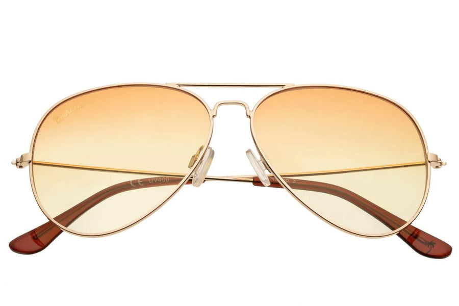 Pilotglasögon i guldig metall med gulorange glas + vikbart case