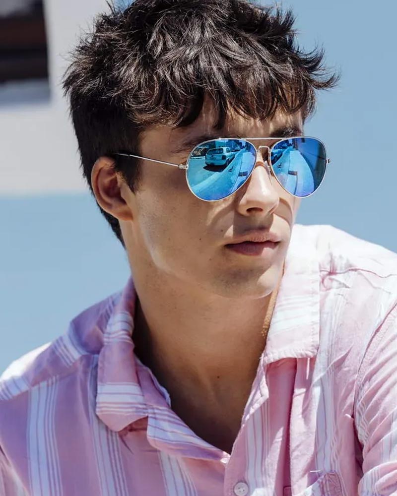 Pilotglasögon i guldig metall med blå spegelglas + vikbart case