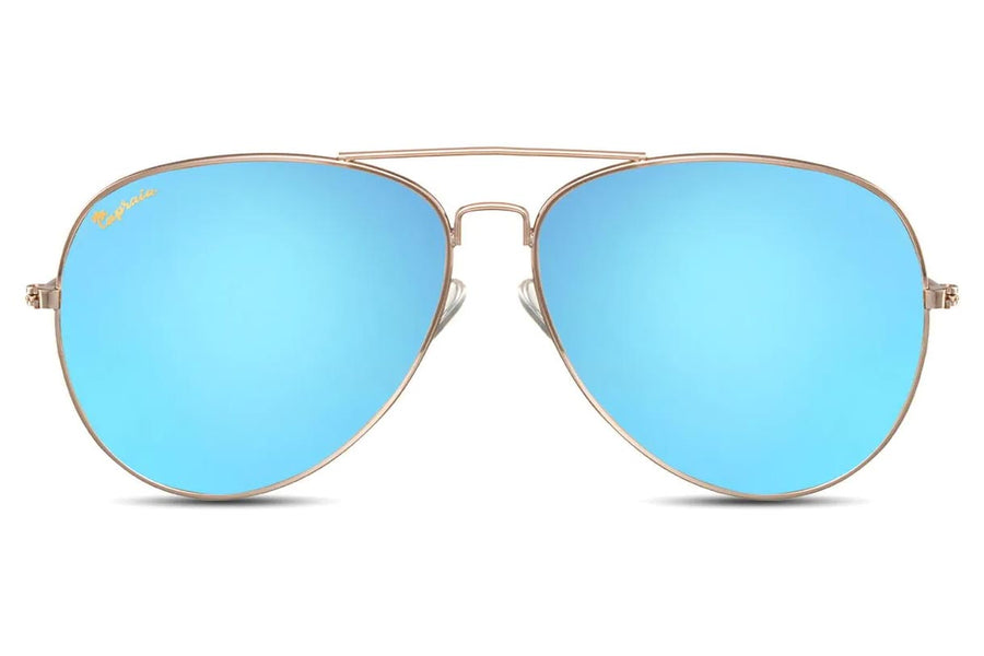 Pilotglasögon i guldig metall med blå spegelglas + vikbart case